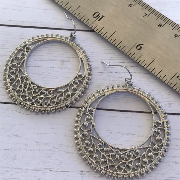 NEW Silver Bohemian Mandala Design Hoop Earrings - Picture 3 of 8